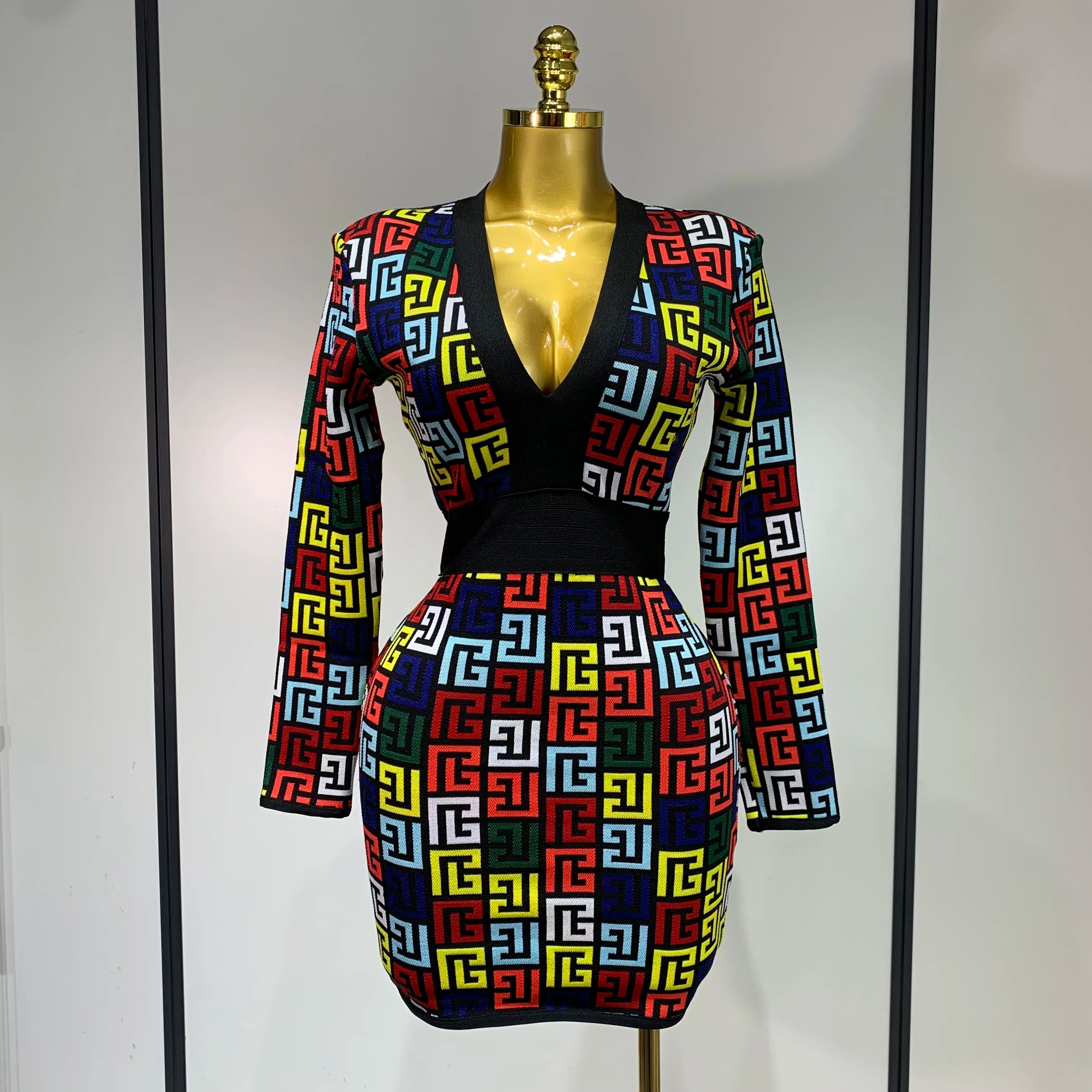 Women Long Sleeve V-Neck Bodycon Jacquard Short Bandage Dress 2025 Elegant Evening Luxury Birthday Party Cocktail Outfit