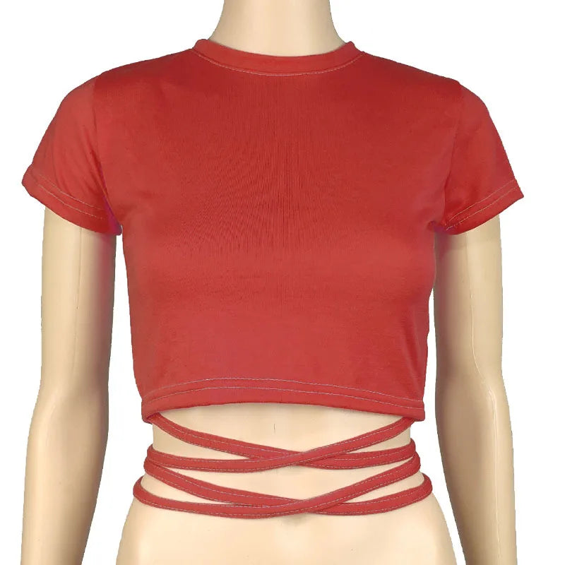 13 Colors Women Lace Up Cropped T-shirts Summer Lady O-Neck Short Sleeve Slim Bandage Tee Tops GXJCK-2180 Bright Red