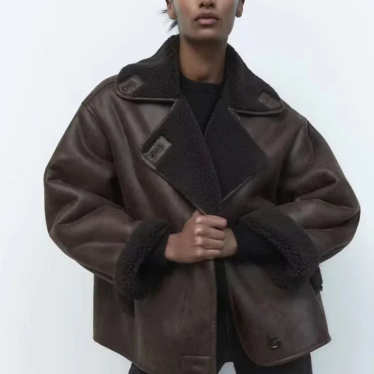 Woman Thick Faux Leather Jackets For Women Autumn Winter Warm Wool Blends Coats Demi-Season Plush Jacket Outerwear Female