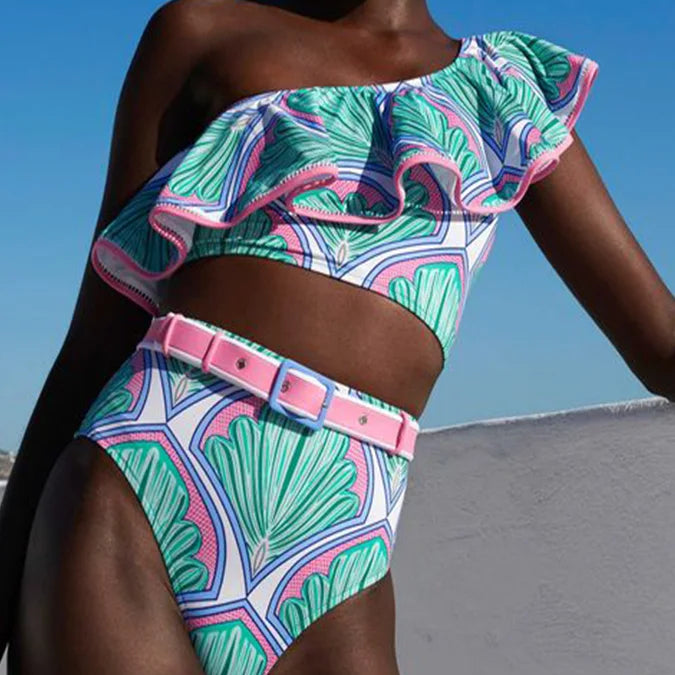 Women's Printed Ruffle Swimsuit Fashion One Shoulder Slash Breasted Bikini Two Piece High Waisted Tummy Tuck Beachwear 2023 New black