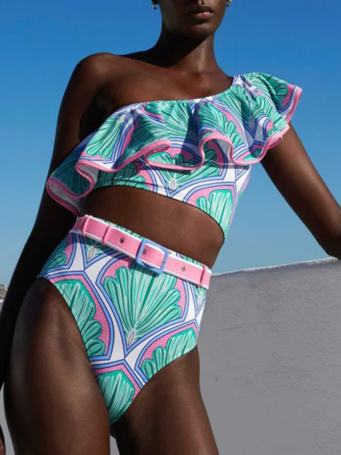 Women's Printed Ruffle Swimsuit Fashion One Shoulder Slash Breasted Bikini Two Piece High Waisted Tummy Tuck Beachwear 2023 New black