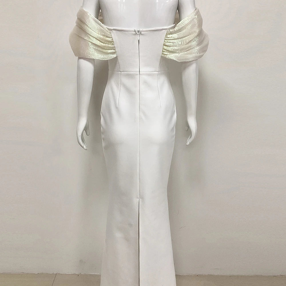 Women Sexy Pearl Beading Tight Maxi Bandage Dress Off The Shoulder Patchwork Bodycon Clothes Club Evening Party Elegant Gown