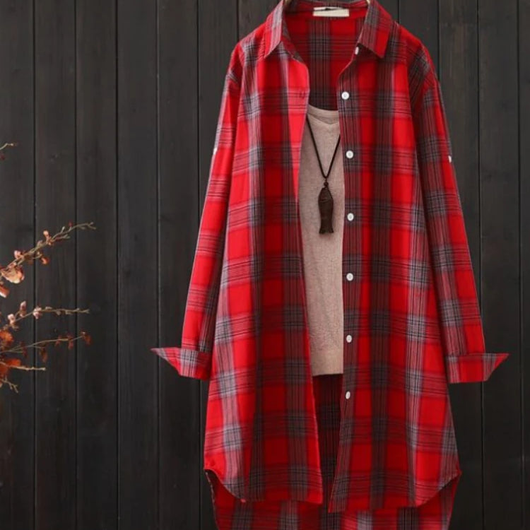 Plaid Medium Long Blouses Casual Style Loose Shirts Female Summer Beach Sunscreen Blouses Fashion Korean Style Female Blouses