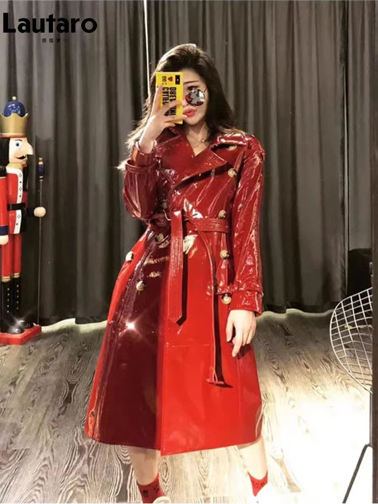 Autumn Long Shiny Reflective Patent Faux Leather Trench Coat for Women Sashes Double Breasted Runway European Fashion