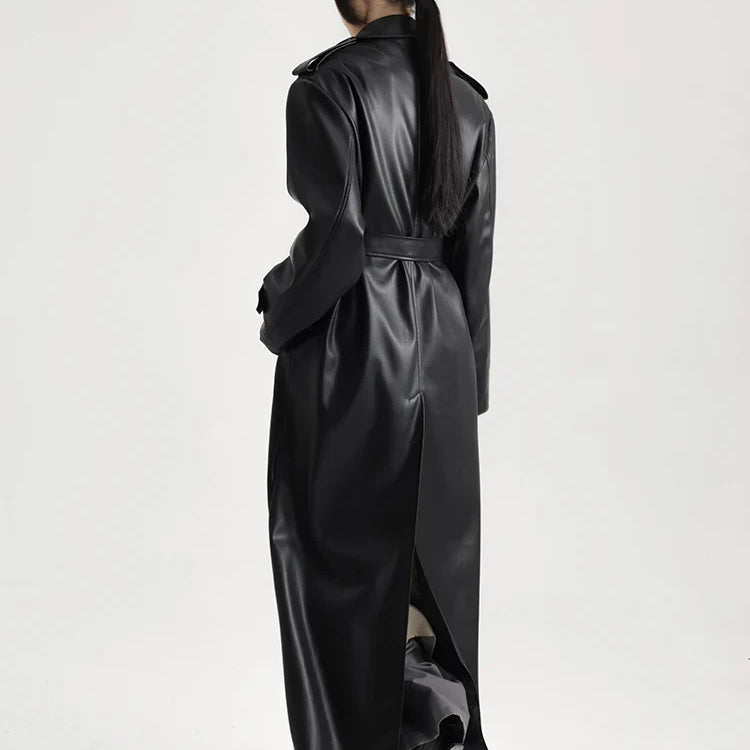 Spring Autumn Extra Long Black Soft Pu Leather Trench Coat for Women Double Breasted Loose Casual Korean Fashion 2024
