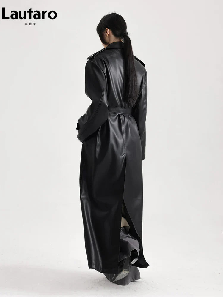 Spring Autumn Extra Long Black Soft Pu Leather Trench Coat for Women Double Breasted Loose Casual Korean Fashion 2024