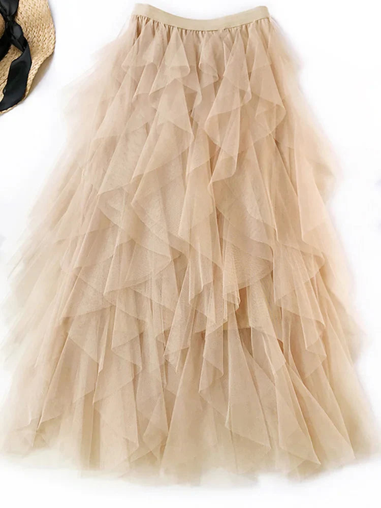 Fashion Tutu Tulle Skirt Women Long Maxi Skirt Spring Summer Korean Black Pink High Waist Pleated Skirt Female Khaki One Size