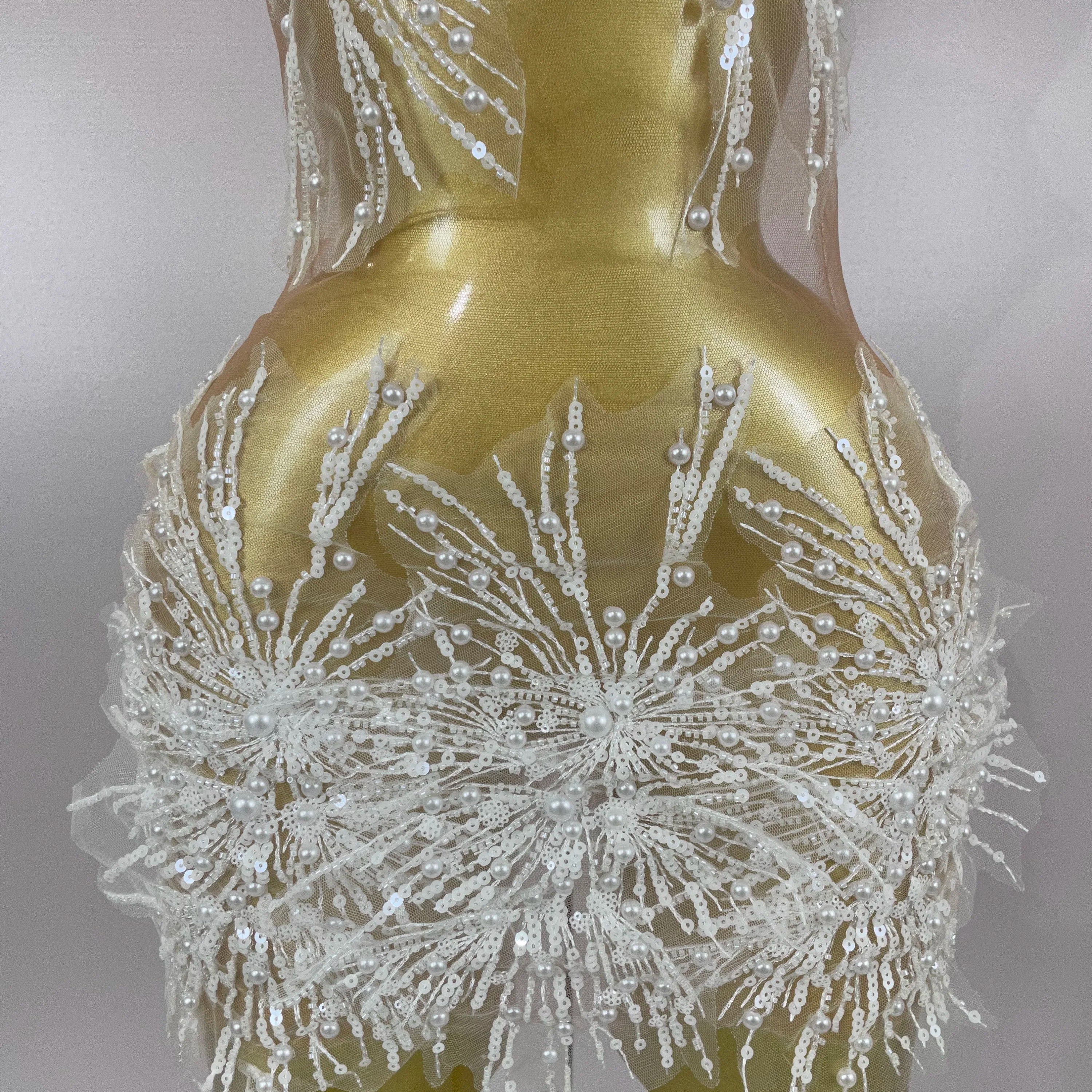 Stock Women Sexy Mesh See Through Pearl Lace Party Mini Dress Celebrate Birthday Photo Shoot Wear Performance Stage Costume