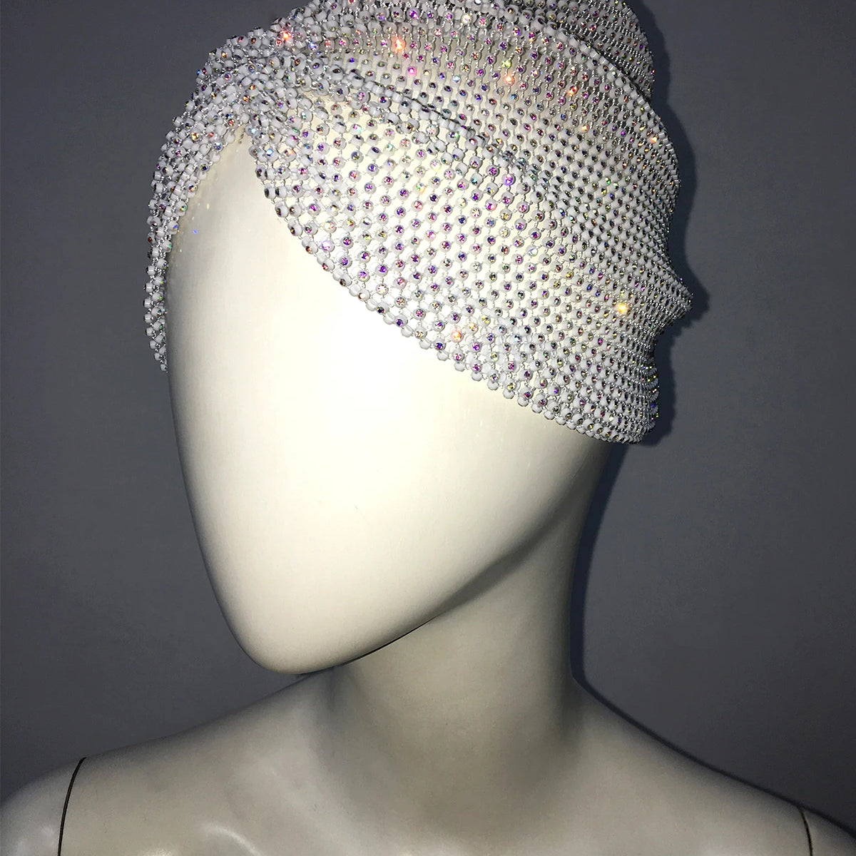 Fishnet Diamond Luxury Cap for Women, Shiny Women's Hat, Rhinestone Kerchief, Hip Hop Headwear, Nightclub Party, Fashion Beanies WHITE One Size