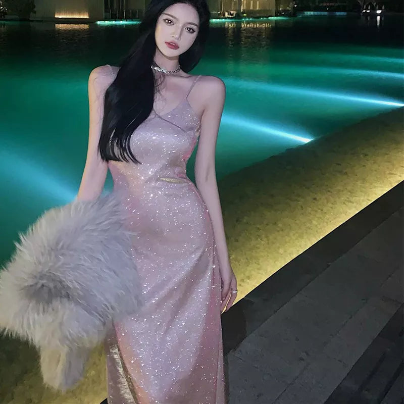 Lucyever Elegant V-Neck Sparkly Dress Women Korean Fashion Spaghetti Strap Evening Dress Ladies Sexy Sequin Off Shoulder Dress Pink CHINA