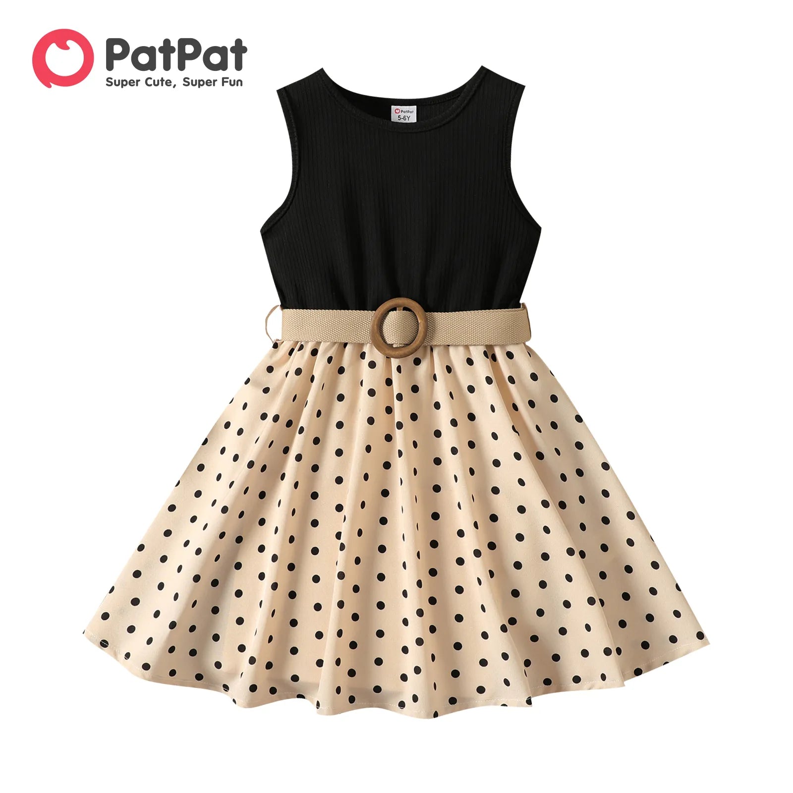 Patpat 2st Girl Dresses Kids Clothes Girl Polka prickar Ribbed Girls Splice Sleeveless Dress & Belt