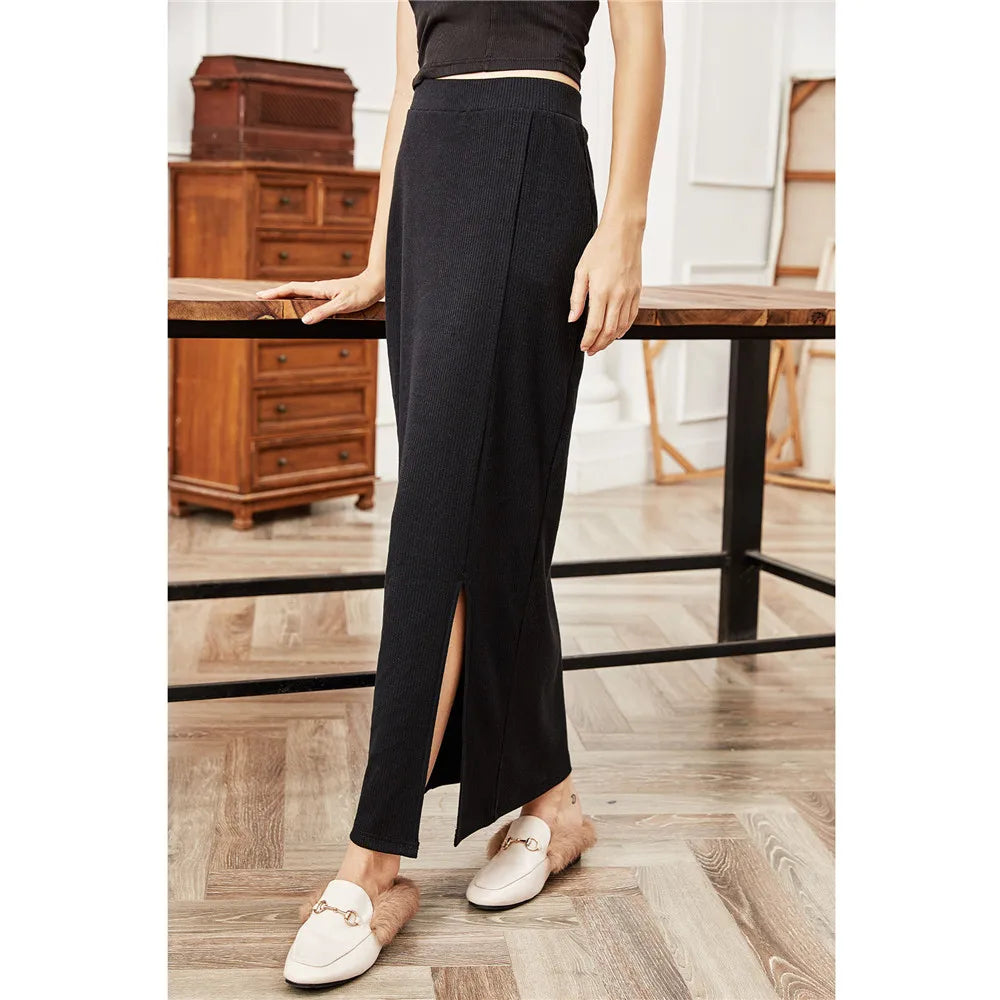 New Women Long Skirt Fashion Ladies Black High Waist Side Slit Maxi Skirts Bodycon Pencil Straight Stretch Club Party Wear