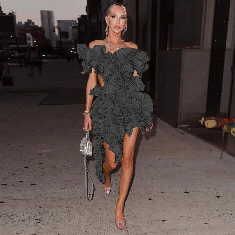 Ladies Autumn Sleeveless V-Neck Backless Sexy Birthday Party Mini Dresses For Women Ruffle New Fashion Clubwear Y2K Baddie Dress black