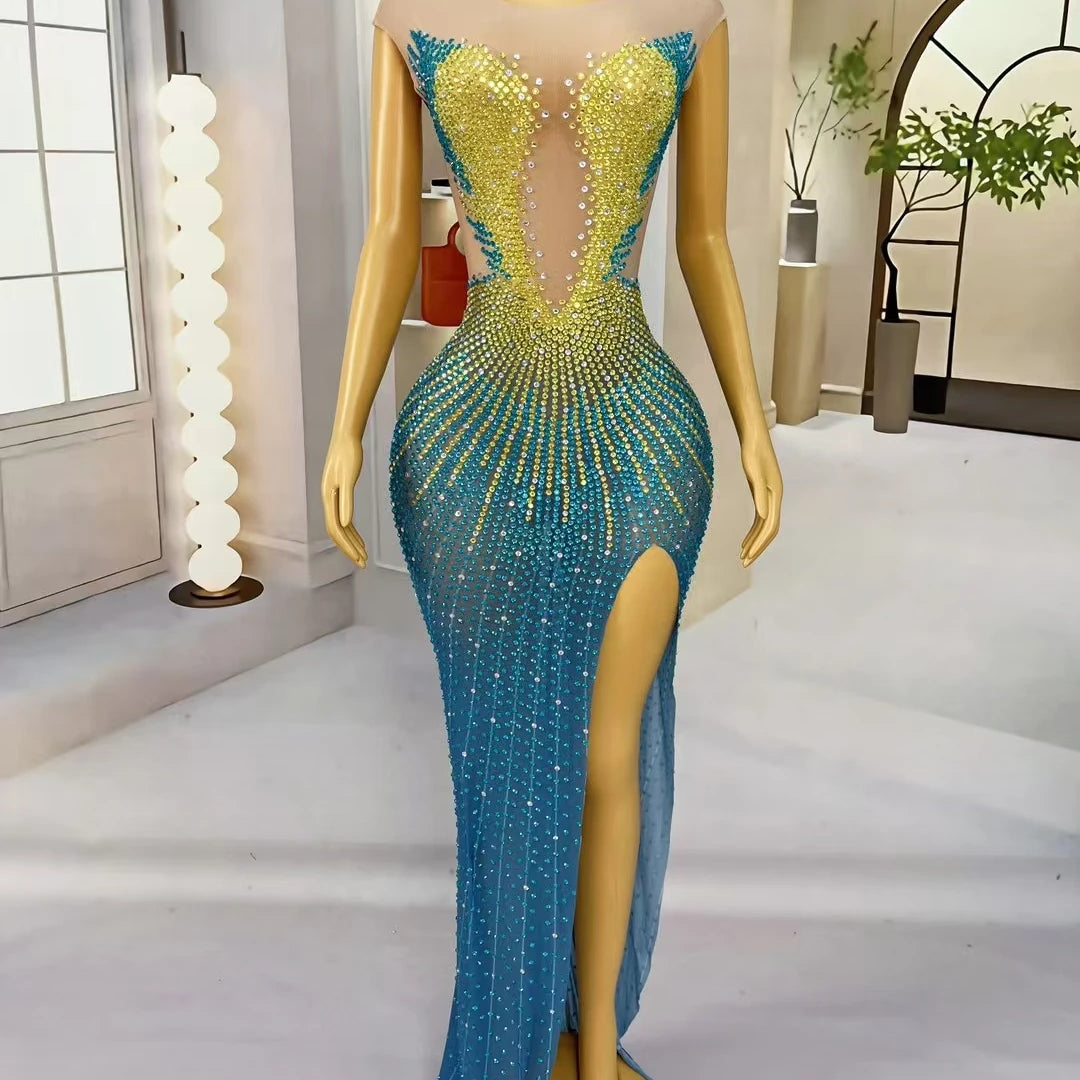 Sparkly Rhinestone Sheer Long Dress With High Side Slits Evening Gown Cocktail Party Club Singer Maxi Dress Ball Dress kongqueyu