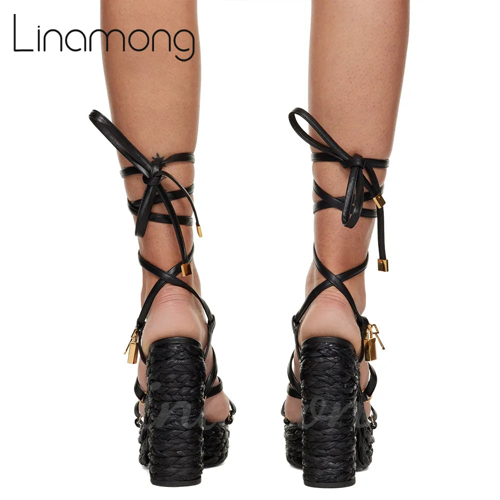 Metallic-Effect Leather Platform Sandals Metal Lock Ankle Strap Espadrilles for Women Luxury Design Round Toe Strap Summer Shoes
