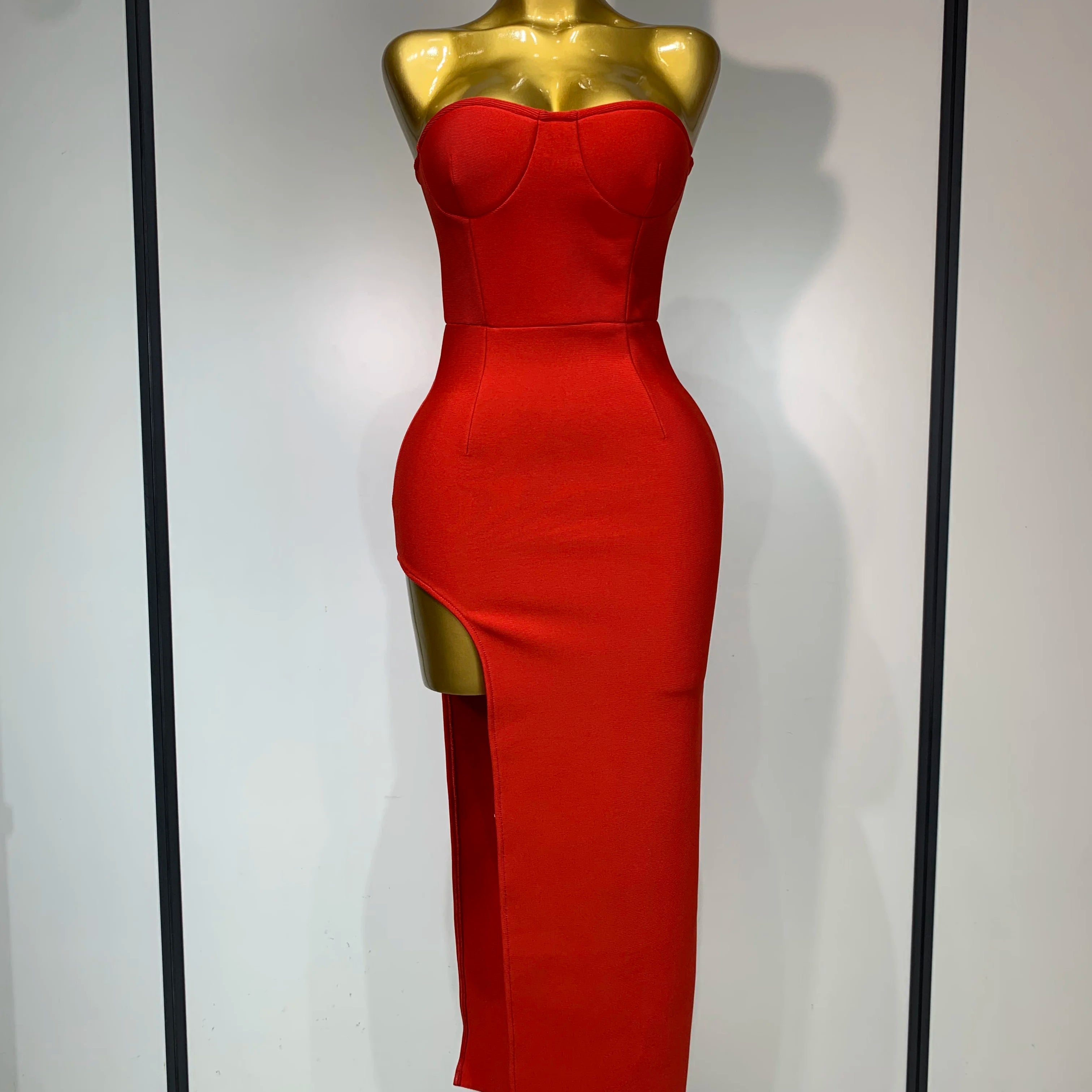 Sexy Red Strapless High Split Long Bandage Dress Luxury Birthday Dress Women Backless Bodycon Dresses Elegant Evening Party Gown
