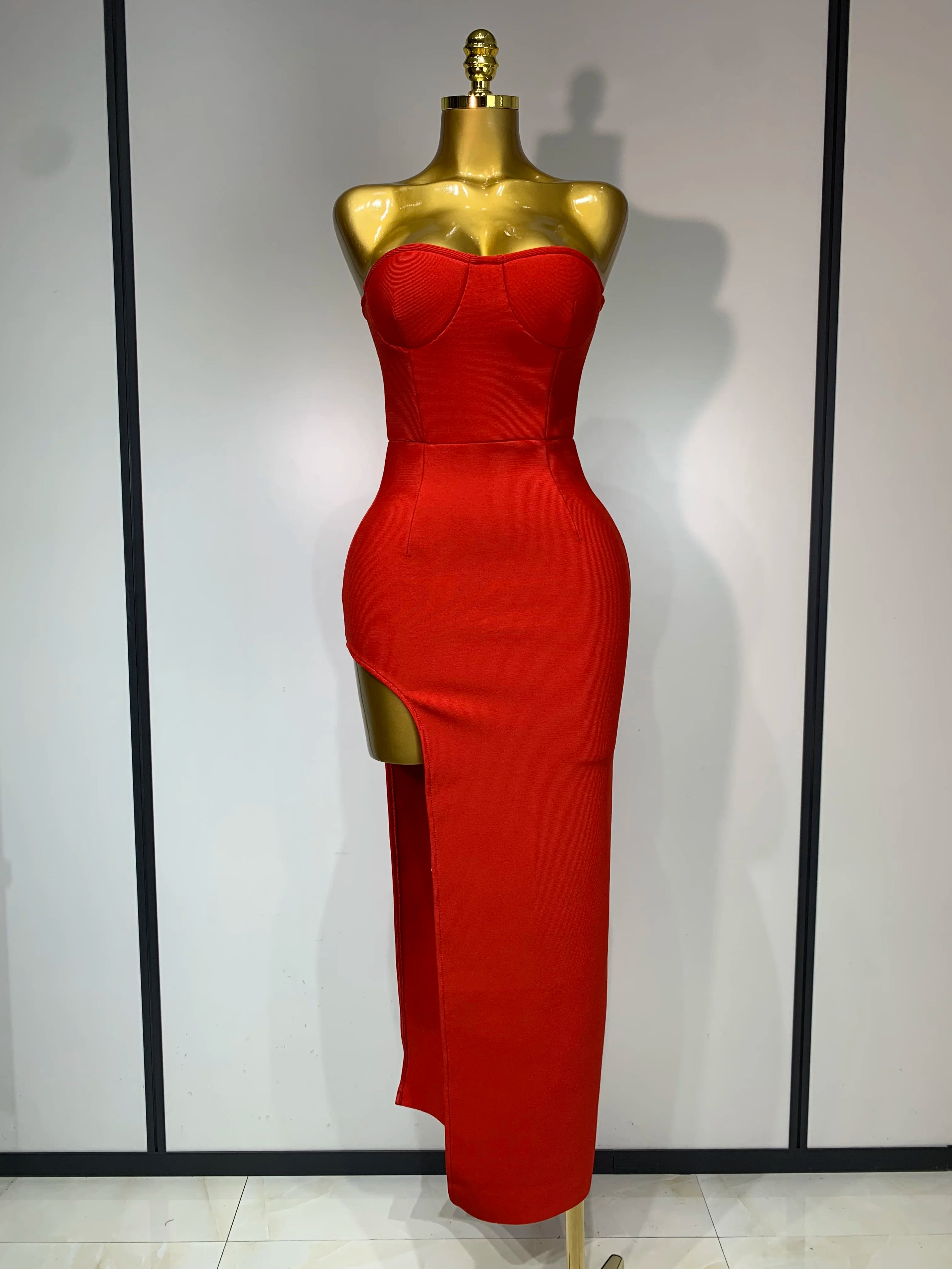 Sexy Red Strapless High Split Long Bandage Dress Luxury Birthday Dress Women Backless Bodycon Dresses Elegant Evening Party Gown
