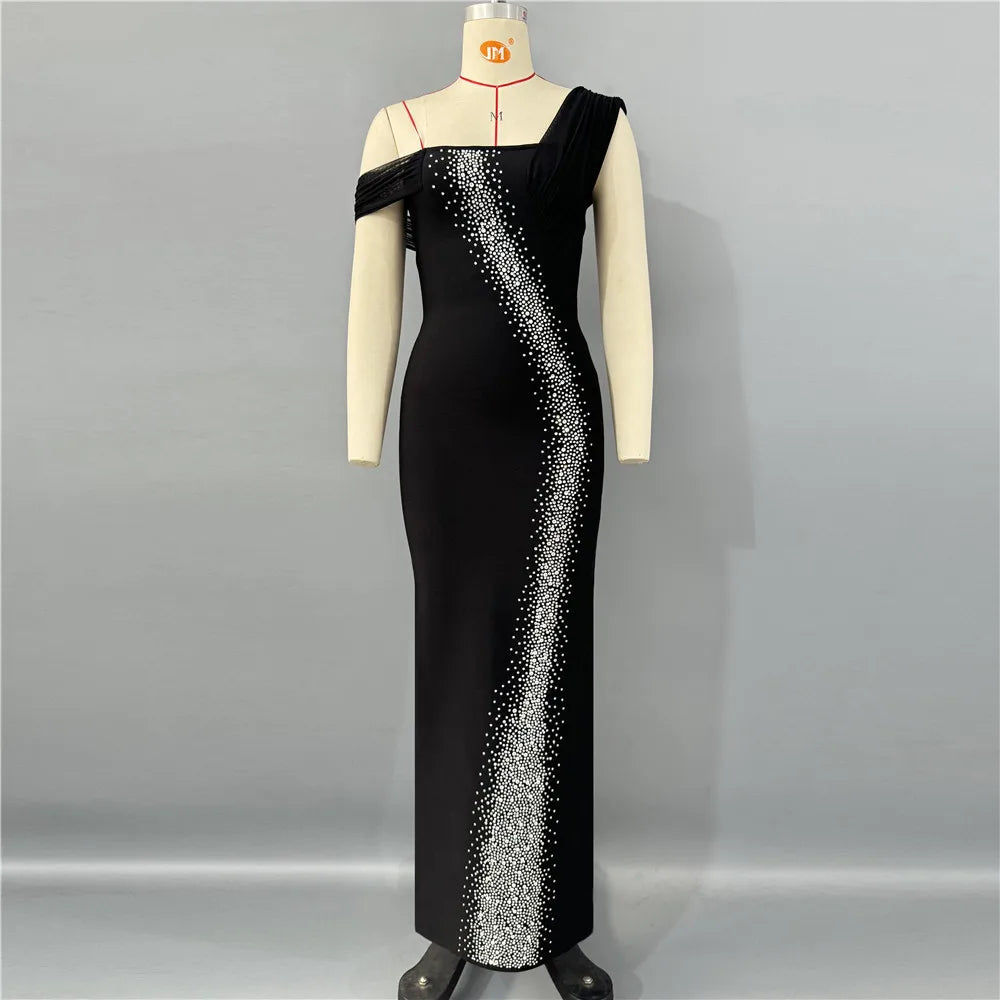 Women Sexy Off the Shoulder Shinning Rhinestones Bodycon Long Bandage Dress Celebrate Nightclub Party Birthday Wear