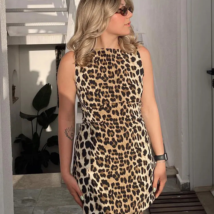 TRAFZA Summer Chic Leopard Print Sexy Women's Mini Dress Retro Round Neck Sleeveless Zipper Decoration Women's Party Dress Y2K