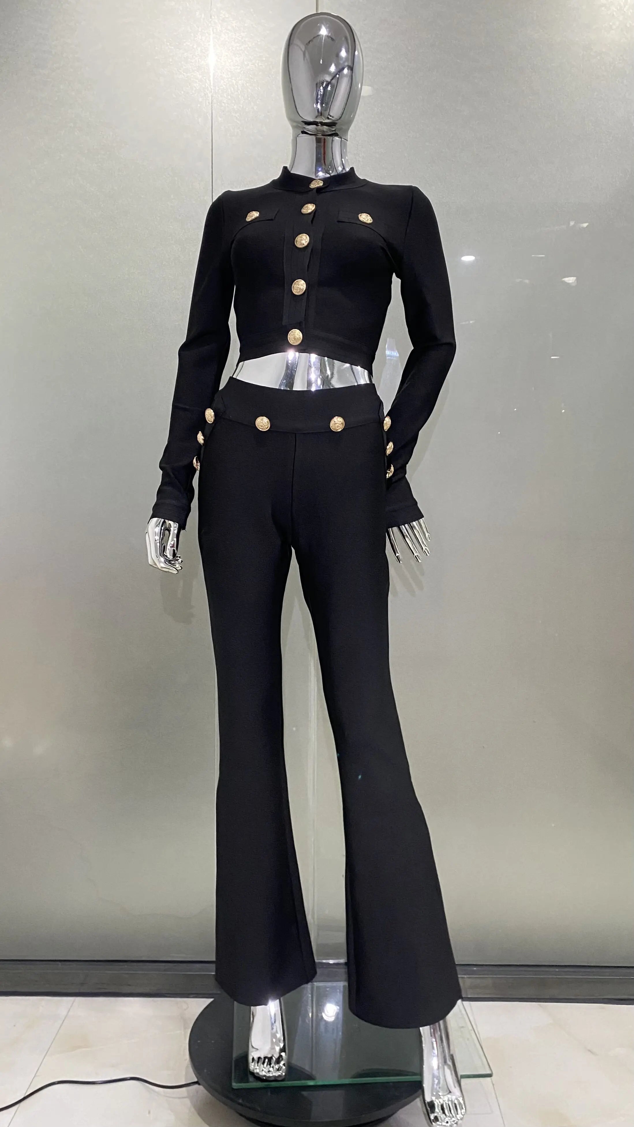 High Quality Bandage Expose Waist Woman Set Fashion Golden Buttons Short Coat Top And Flare Pants 2 Pieces High Street Wear