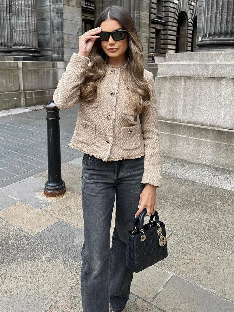 Short Tweed Coat Women Autumn Fashion Elegant O-neck Long Sleeve Botton Frayed Pockets Jackets Female Outwear Office Lady Coats