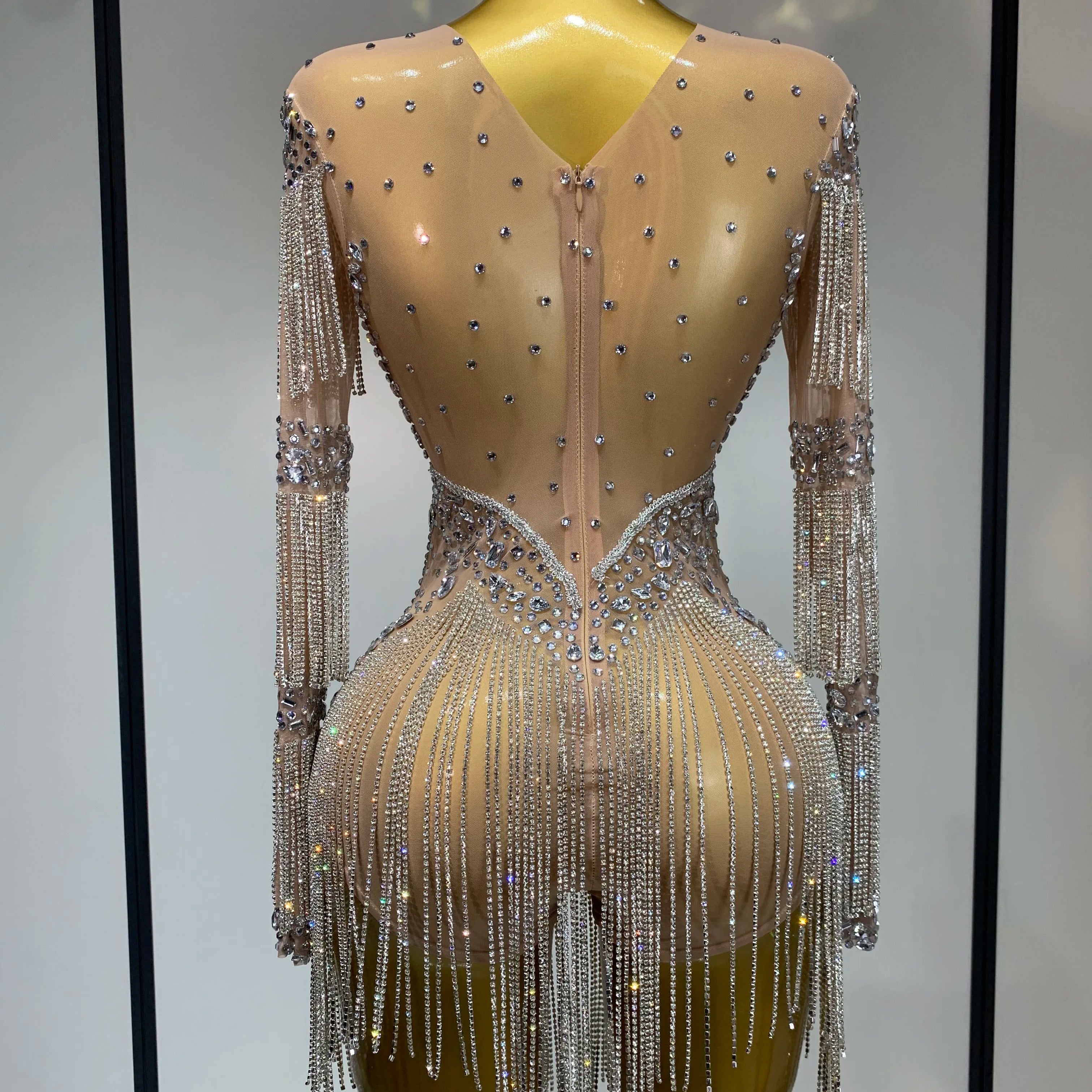 Women Sexy Mesh See Through Performance Dance Nightclub Rompers Singer Stage Outfit Sparkly Rhinestone Bodysuit Birthday Wear