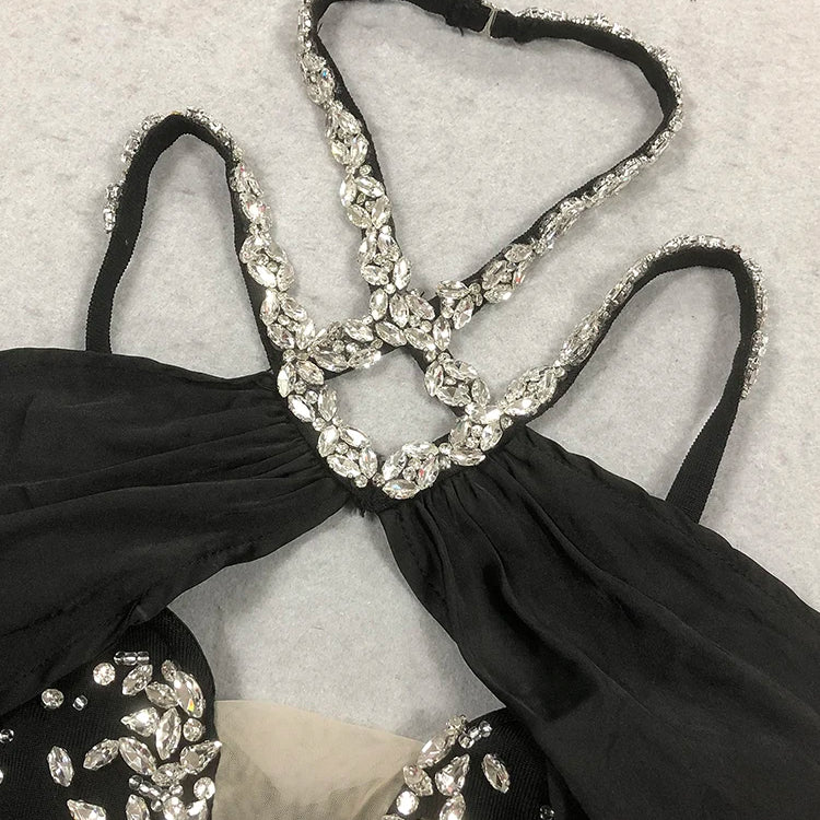 VC Eye-Catching Off-Shoulder V-Neck Hot Pink & Black Dress with Crystal Party Evening Gown