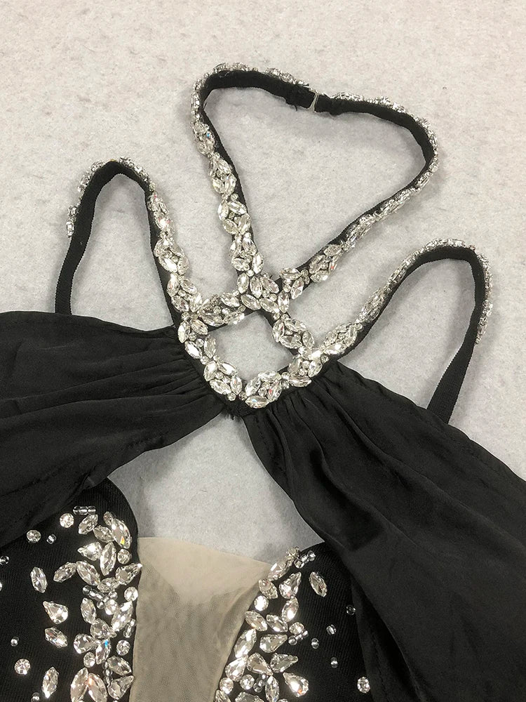 VC Eye-Catching Off-Shoulder V-Neck Hot Pink & Black Dress with Crystal Party Evening Gown