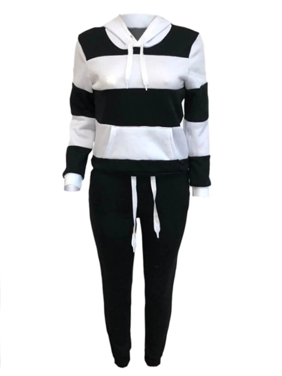 LW Plus Size Sporty Hooded Collar Striped Tracksuit Set Black White Patchwork Kangaroo Pocket Design Tracksuit Sportswear Set