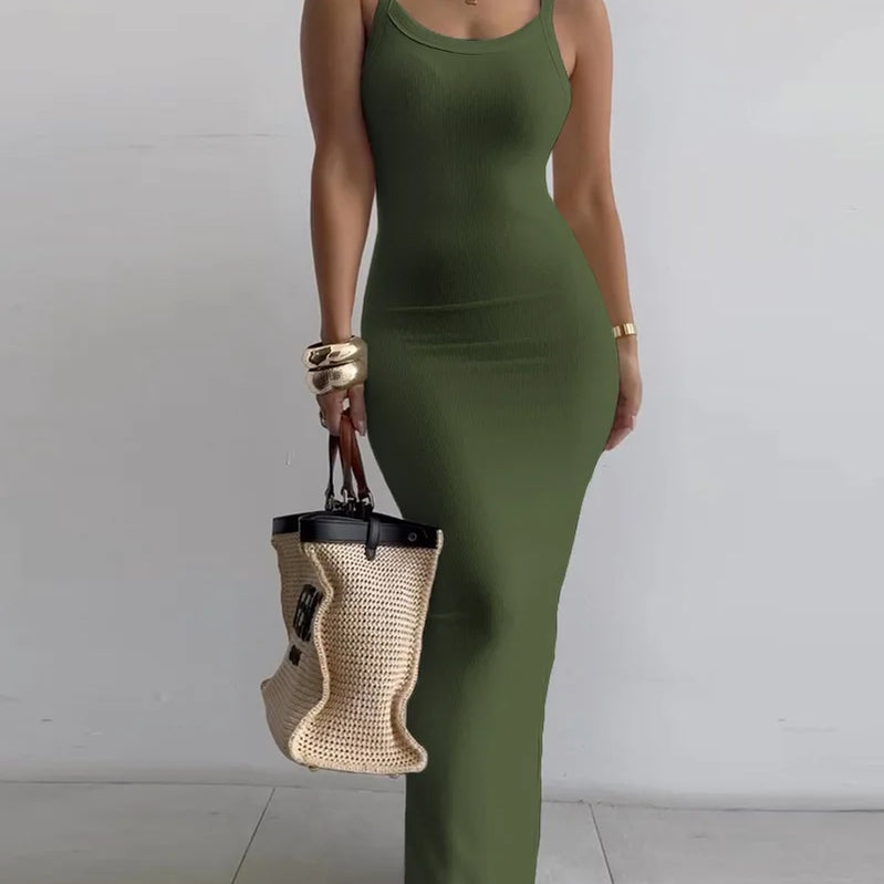 CM.YAYA Summer Women Sleeveless Strap O-neck Sexy 2024 Summer Long Evening Dress Knit Ribbon Night Club Party Maxi Dresses as picture 4