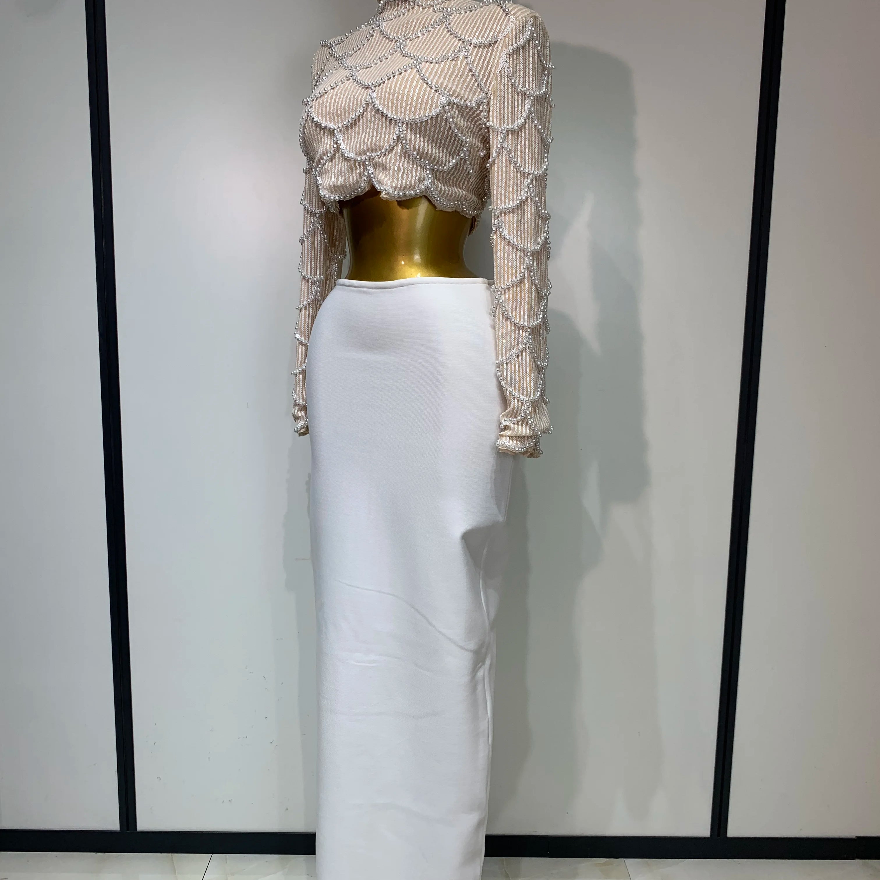 Women Long Sleeve Sexy Beading Tops Two Pieces Set Bodycon Long Bandage Dress Luxury Birthday Evening Party Wedding Guest Gowns