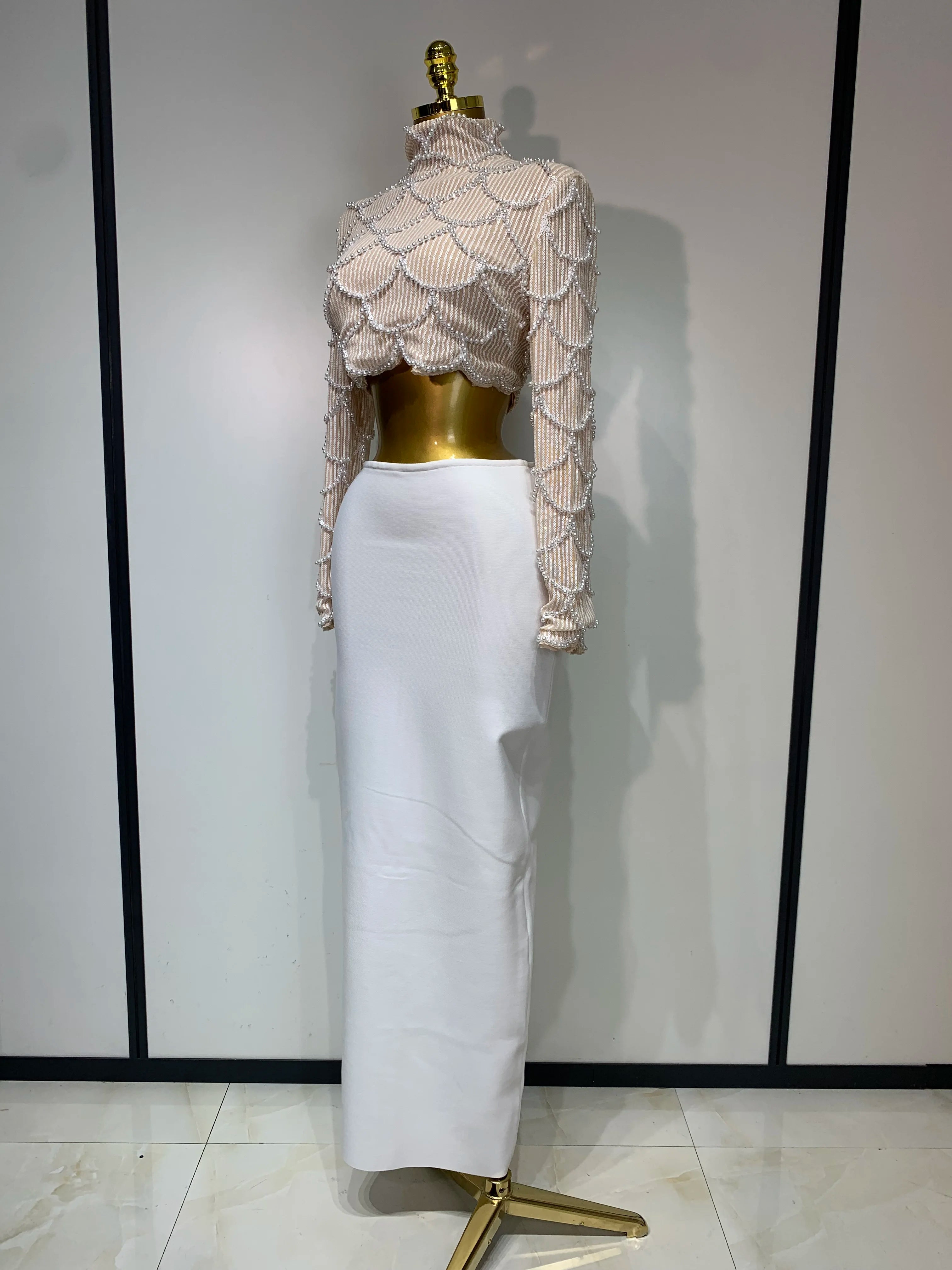 Women Long Sleeve Sexy Beading Tops Two Pieces Set Bodycon Long Bandage Dress Luxury Birthday Evening Party Wedding Guest Gowns