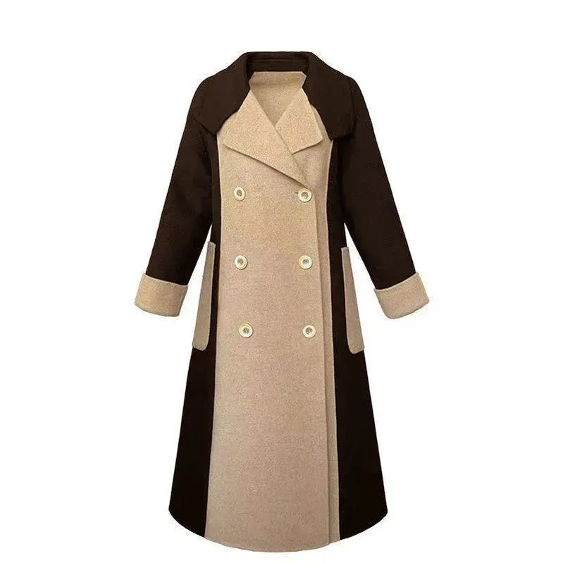 Vintage Woolen Patchwork Trench Coat Women Elegant Korean Oversize Long Jacket Autumn Winter Double Breasted Office Lady Outwear