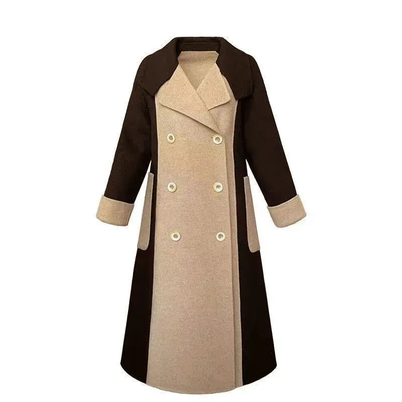 Vintage Woolen Patchwork Trench Coat Women Elegant Korean Oversize Long Jacket Autumn Winter Double Breasted Office Lady Outwear