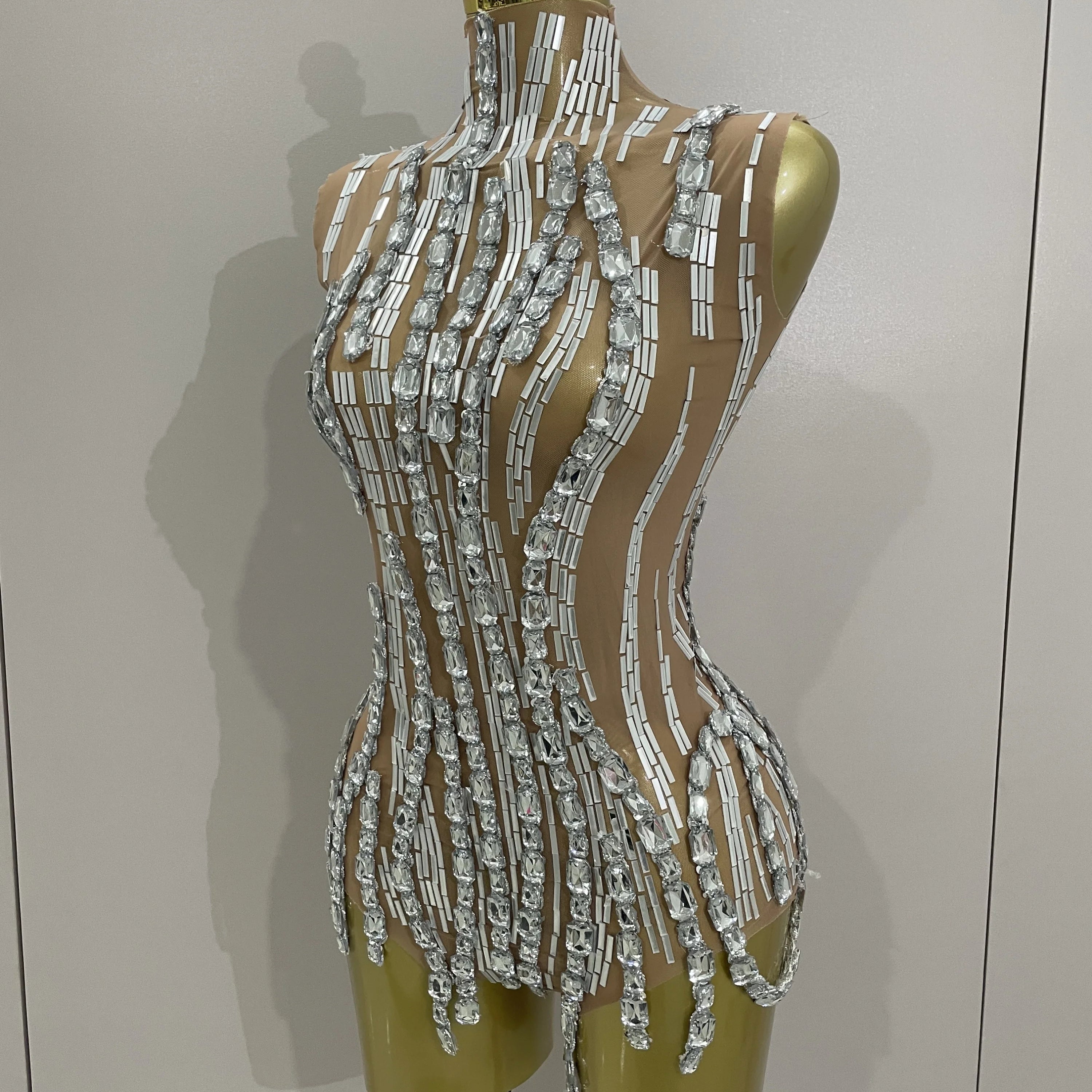 Sparkly Rhinestone Chain Sexy Transparent Sleeveless Bodysuit 2025Women Party Nightclub Team Performance Costume Show Stage Wear