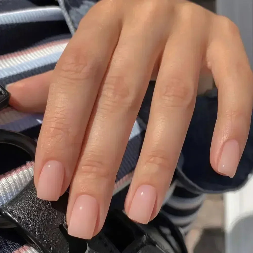 24Pcs Short Square Nude French Tip Press On Nails Set Reusable Acrylic Full Cover Fake Nail with Glue for Women&Girls Decoration