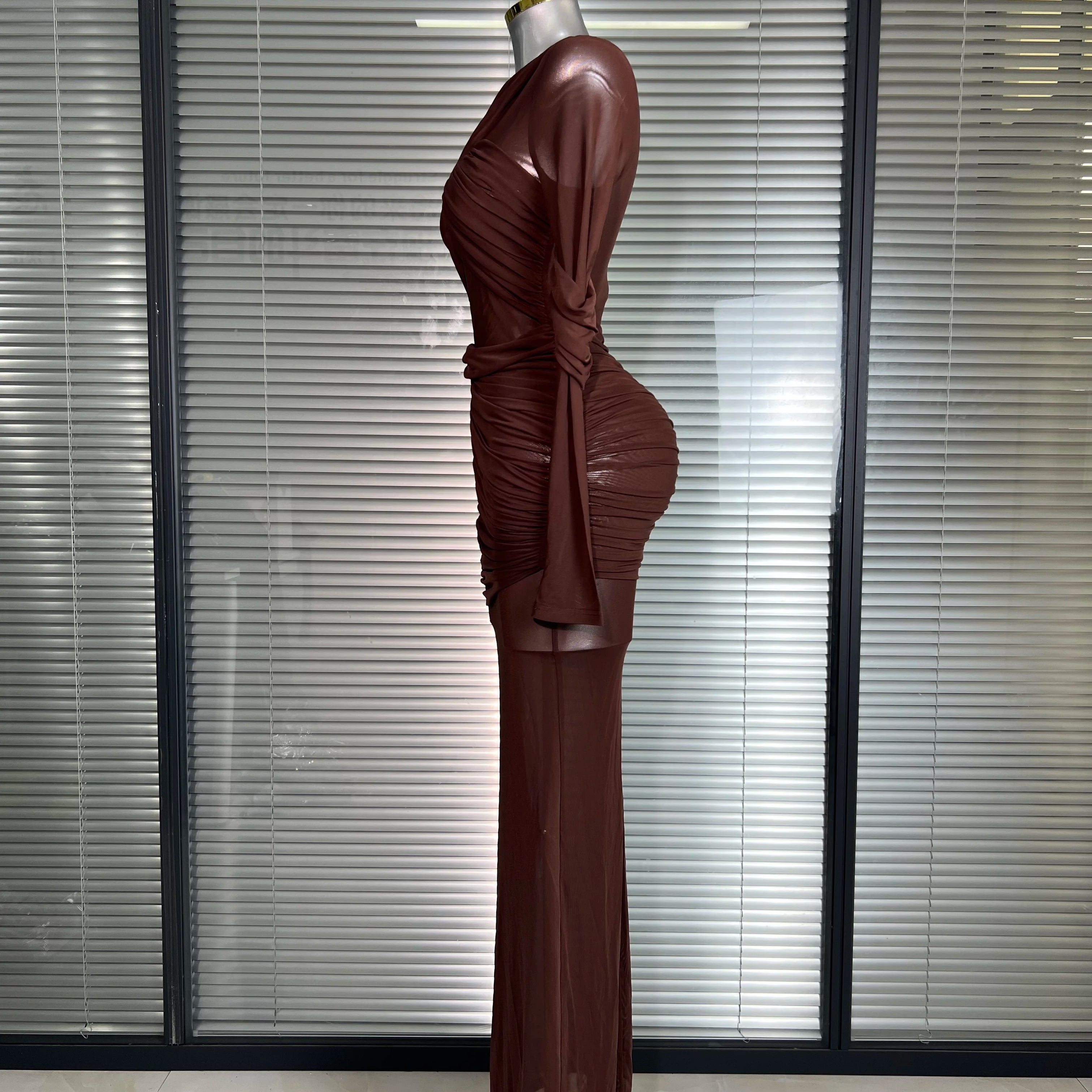 Summer New Women Sexy Long Sleeve Lace Mesh Ruched Maxi Dress Brown High Street Party Dress