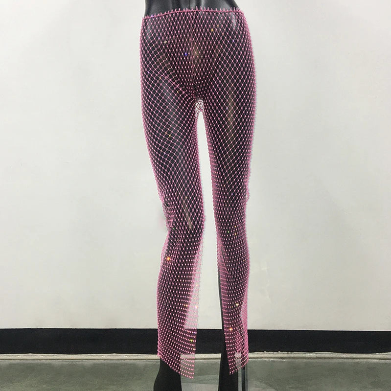 Bling Rhinestone See Through Fishnet Trousers For Women Sexy Mesh Hollow Out Side Split Long Bottoms Pants Club Party Trousers Pink One Size