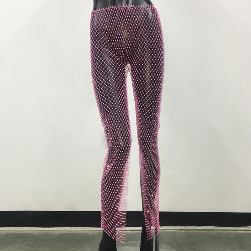 Bling Rhinestone See Through Fishnet Trousers For Women Sexy Mesh Hollow Out Side Split Long Bottoms Pants Club Party Trousers Pink One Size