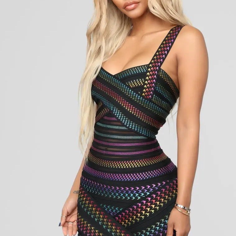 Wholesale Hot Sale Women Sleeveless Sexy Square Collar Foil Bodycon Bandage Mini Dress Nightclub Bar Party Celebrate Dress