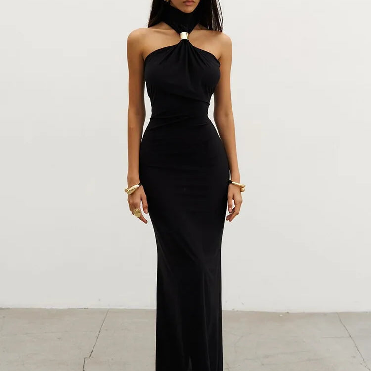 Turtleneck Off-shoulder Sexy Knit Maxi Dress For Women Gown Metal Buckle Strapless Sleeveless High Waist Knitted Dress