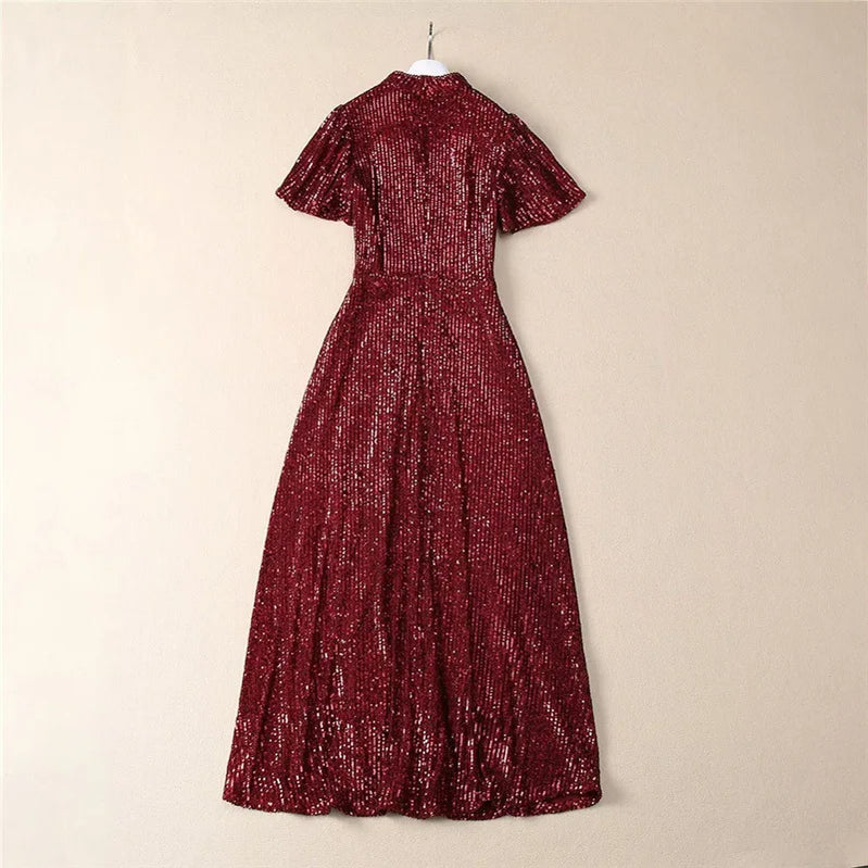 TWOTWINSTYLE Solid Spliced Sequins Fashion Dresses for Women Round Neck Short Sleeves Patchwork Folds Elegant Dress Female New