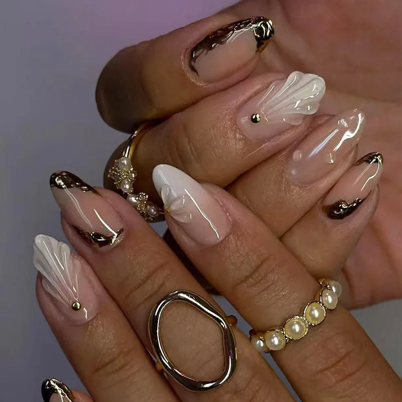 24Pcs Mid-length Almond Press on False Nails with 3D Irregular Design Fake Nails White Gradient Detachable Full Cover Nails Tips