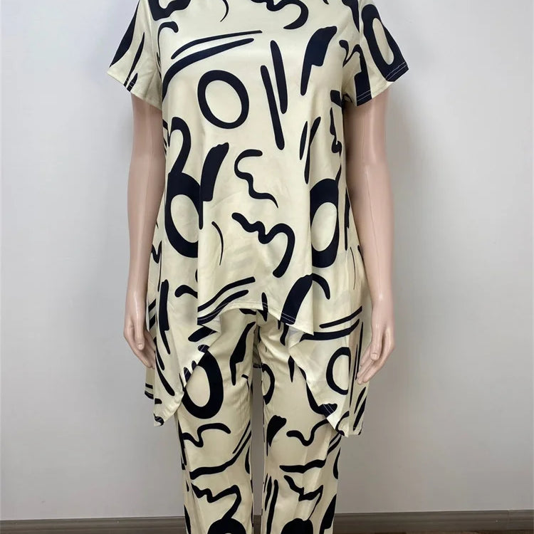 Wmstar Women Plus Size Two Piece Set 5XL Summer Casual Print T Shirt Wide Leg Pants Female Outfits Wholesale Dropshipping 2024