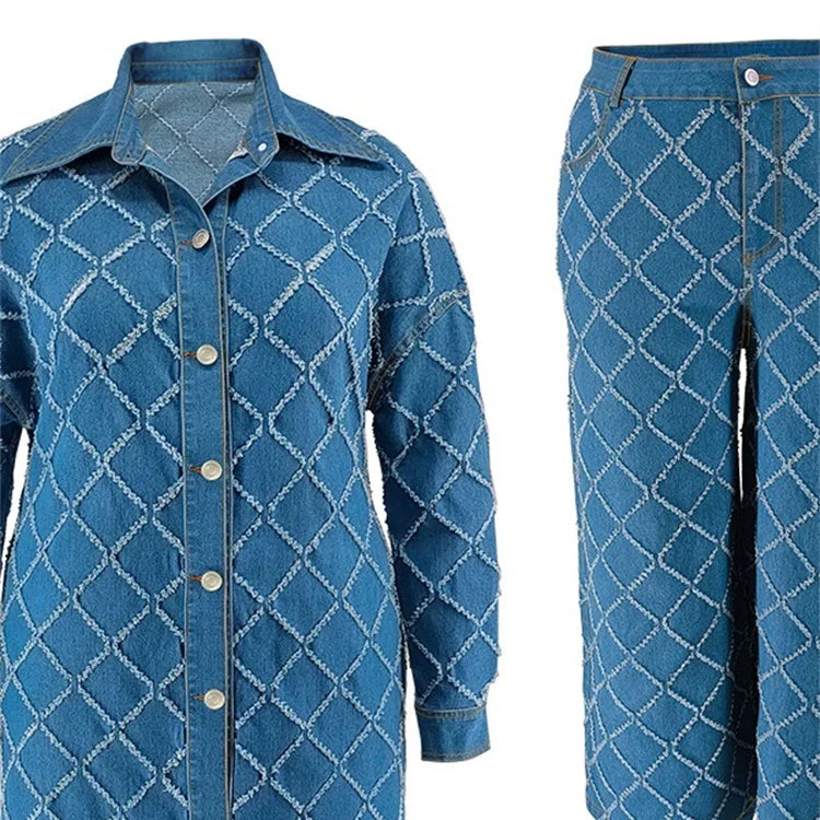 Wmstar Plus Size Denim Two Piece Sets Women Fall Clothing Print Long Sleeve Tops Pants New Matching Suits Wholesale Dropshopping