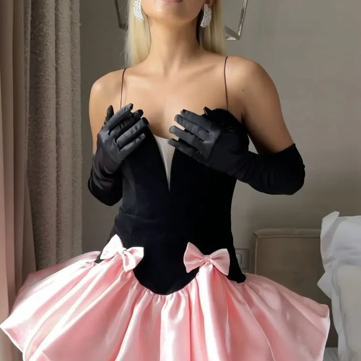 Summer Women Sexy Strap V-Neck Ball Gown Mini Dress Celebrate Fashion Birthday Party Cute Girls' Date Dress