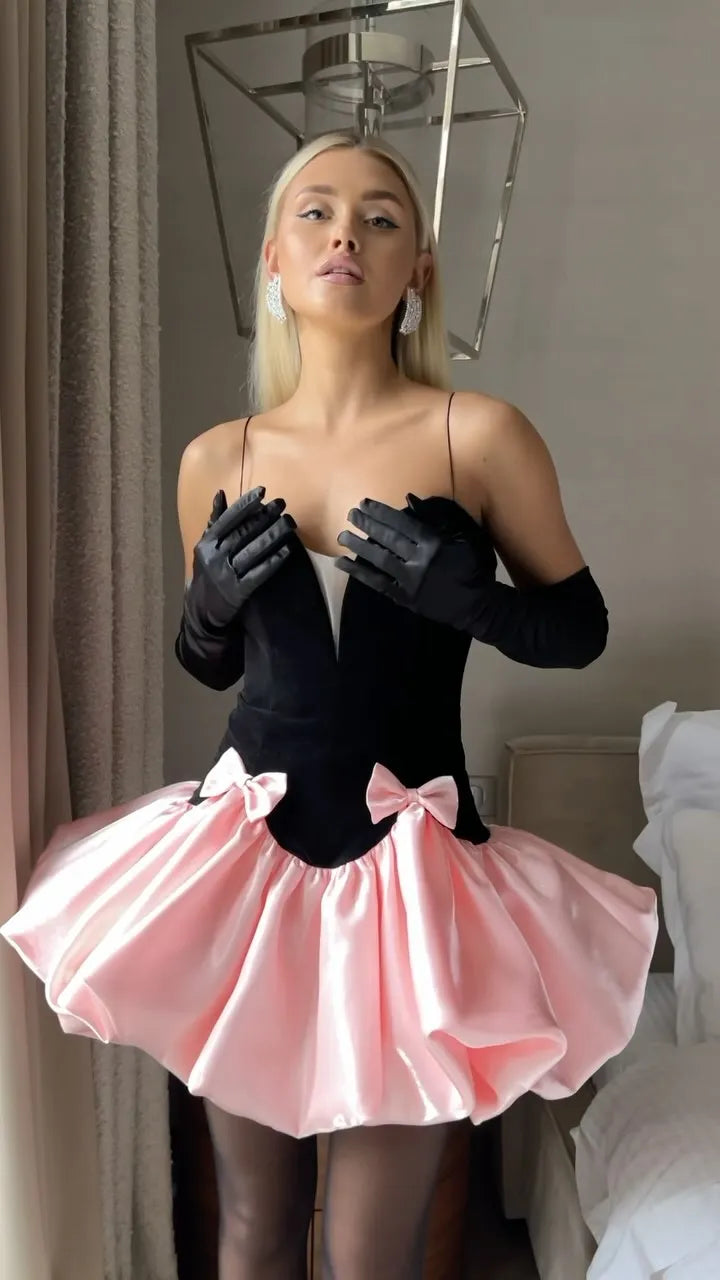 Summer Women Sexy Strap V-Neck Ball Gown Mini Dress Celebrate Fashion Birthday Party Cute Girls' Date Dress