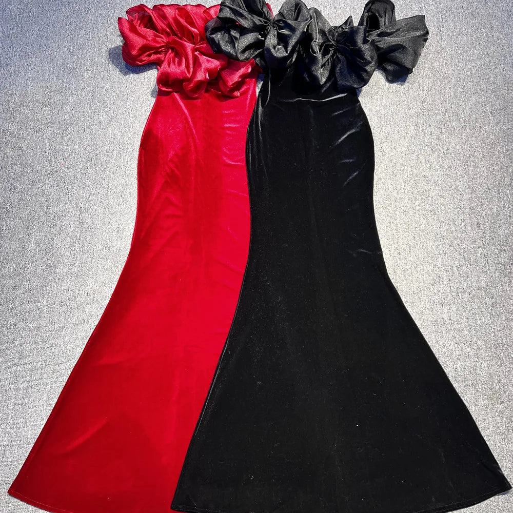 Black Winered Color Women Sexy Off the Shoulder Ruffles Bodycon Velvet Maxi Dress Wedding Party Mermaid Cocktail Outfit