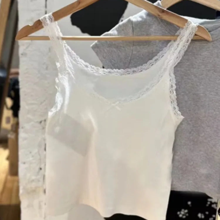Casual Women Fashion Soft Cotton White Bow Ornament Tanks Summer Vintage O Neck Lace Edge Sleeveless Female Chic Tops