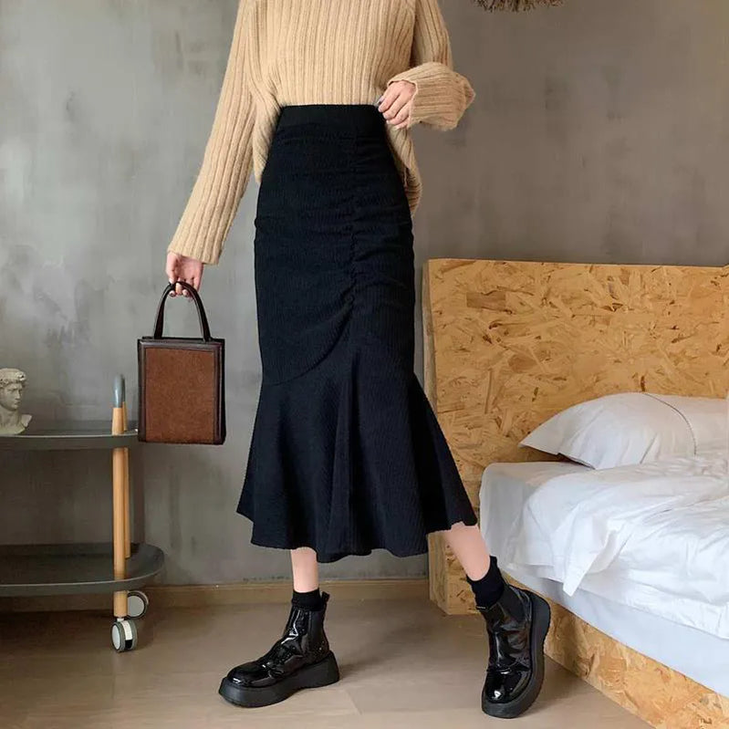 Fashion High Waist Midi Skirts for Women Spring Slim Fit Hip Mermaid Skirt Woman Korean Ruffles Brown Skirts 2XL black